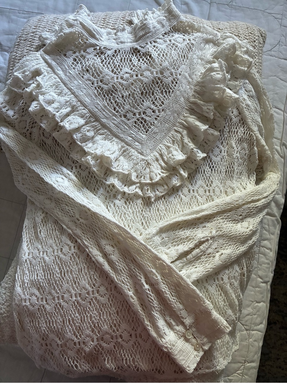 Maje Cream Crochet Lace Ruffle High-Neck Blouse